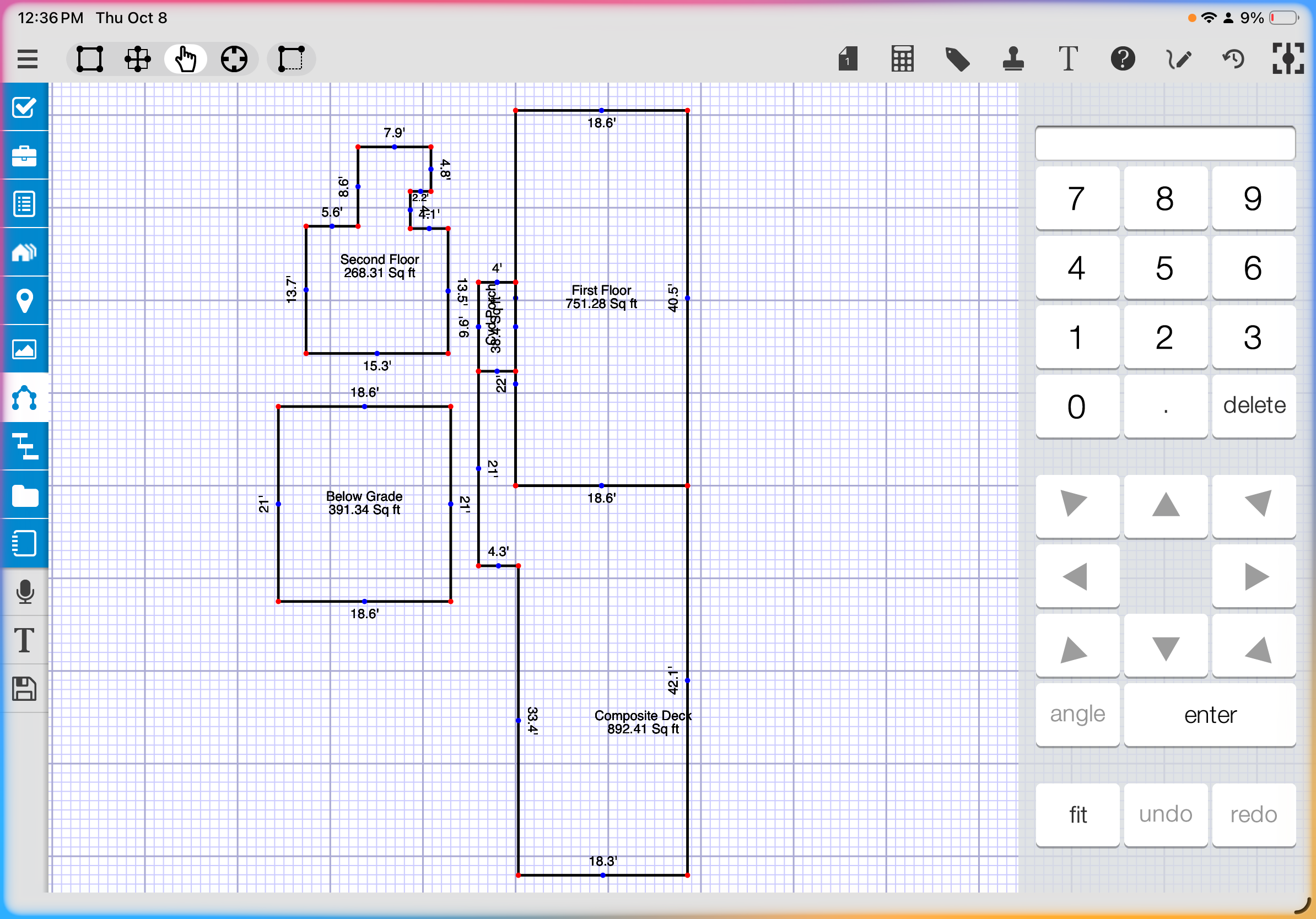 Measurement sketch showing labeled dimensions and separate square-footage calculations for floors, below-grade space, and a deck
